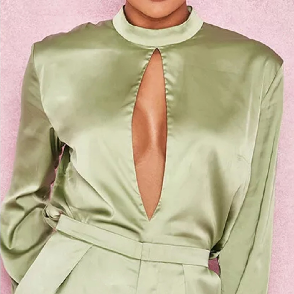 "Lani" blouse top green satin, house of cb medium